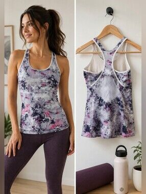 Lululemon Athletica Floral Racerback Built-In Bra Tank Top Size 8 Yoga Running